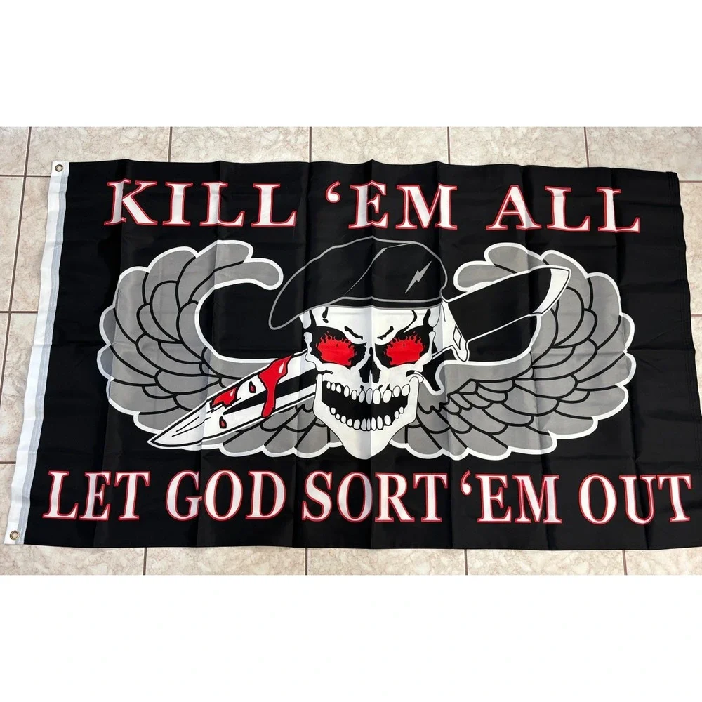 Kill Em All Flag Let God Sort‎ Em Out US Military Skull Dagger Wings 3x5 F1308